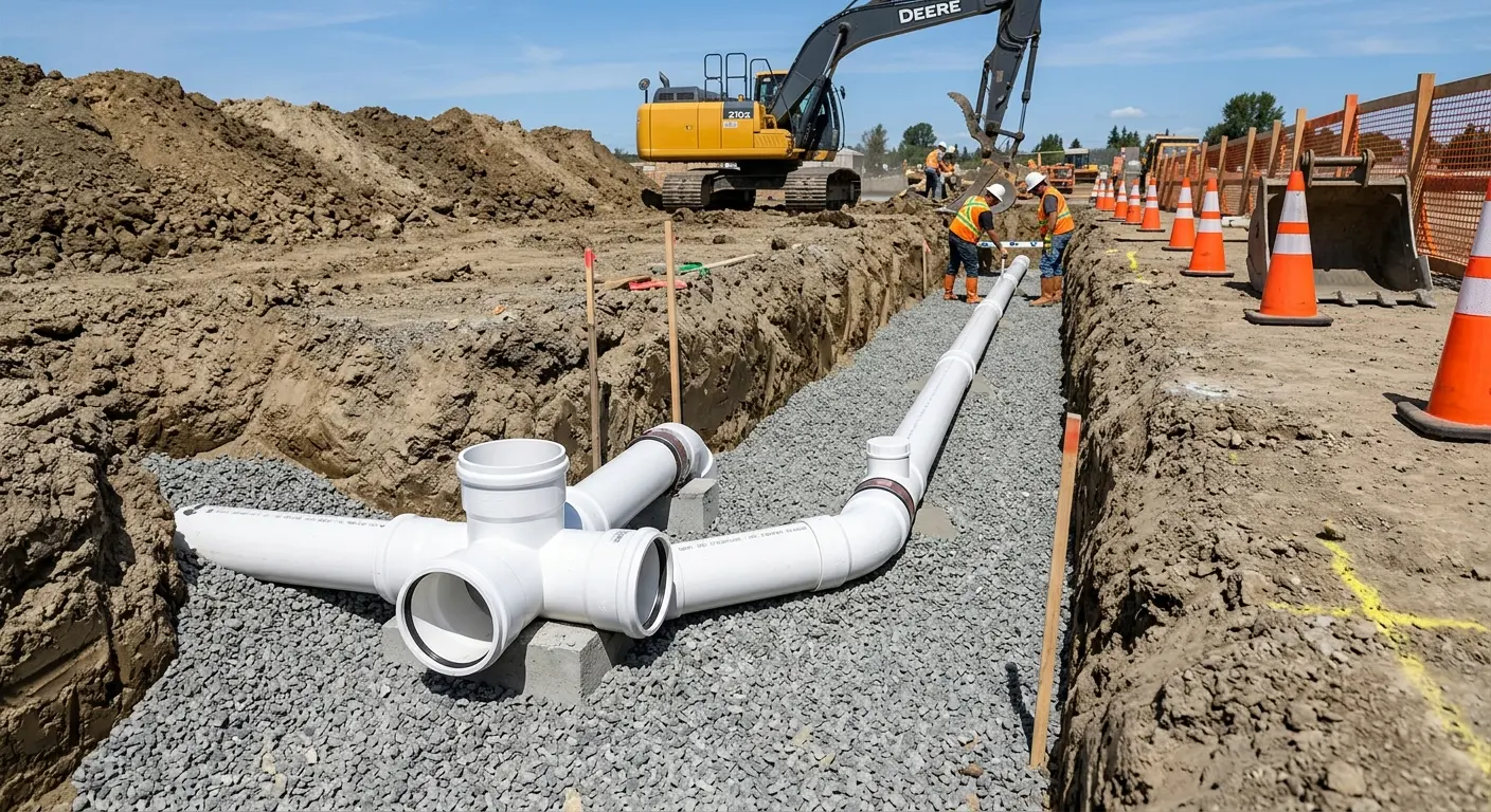 New PVC sewer pipe installation in open trench for Sewer Backup in Farmington